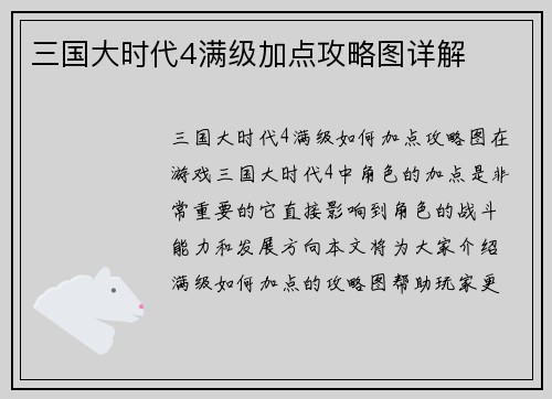三国大时代4满级加点攻略图详解
